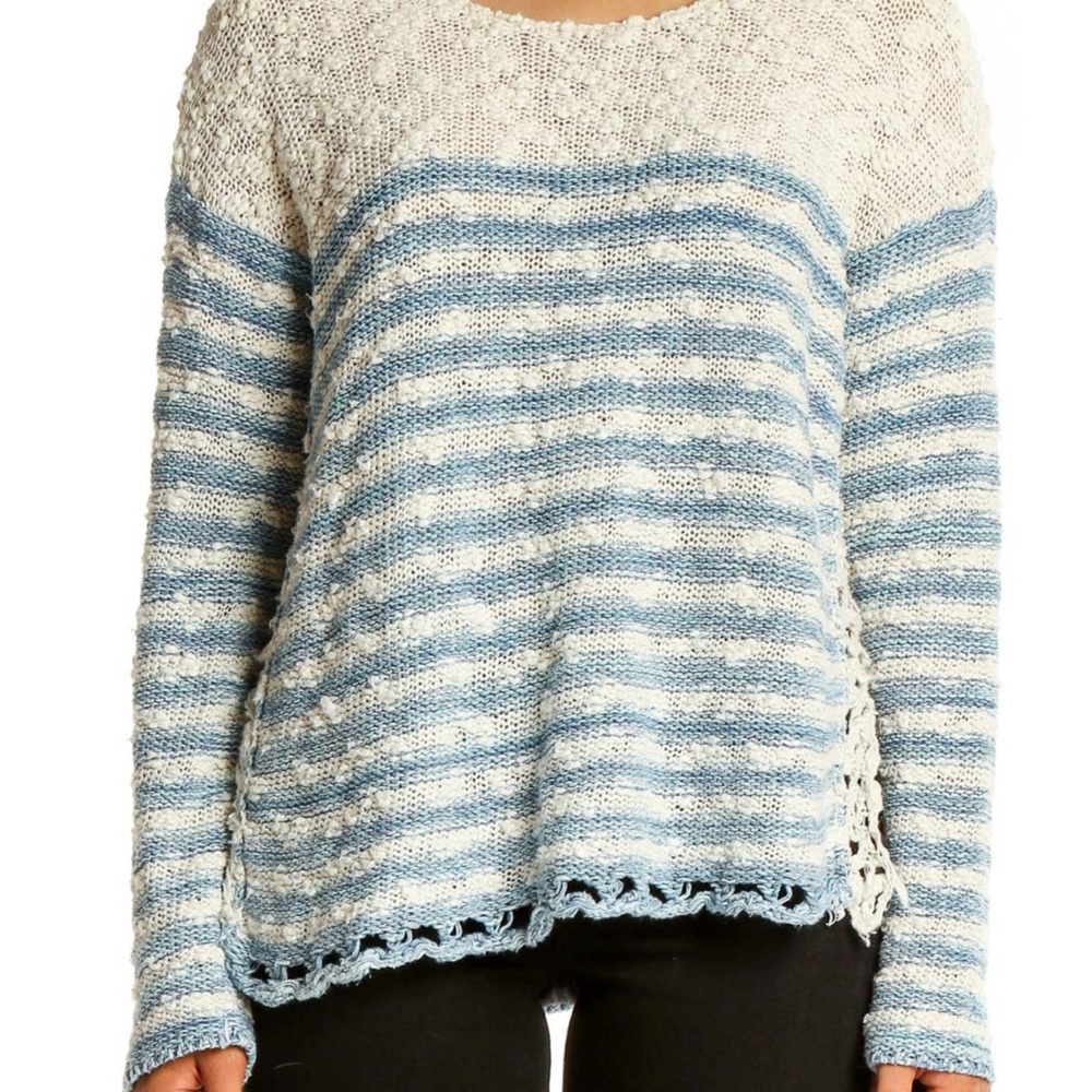 Free People - Blue and White Striped Sweater Loose Knit - Size Medium